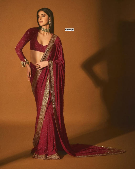 Ananya Pandey Bollywood Sequin Design Saree – Faux Georgette with Embroidery & Mirror Work (DF-3465)