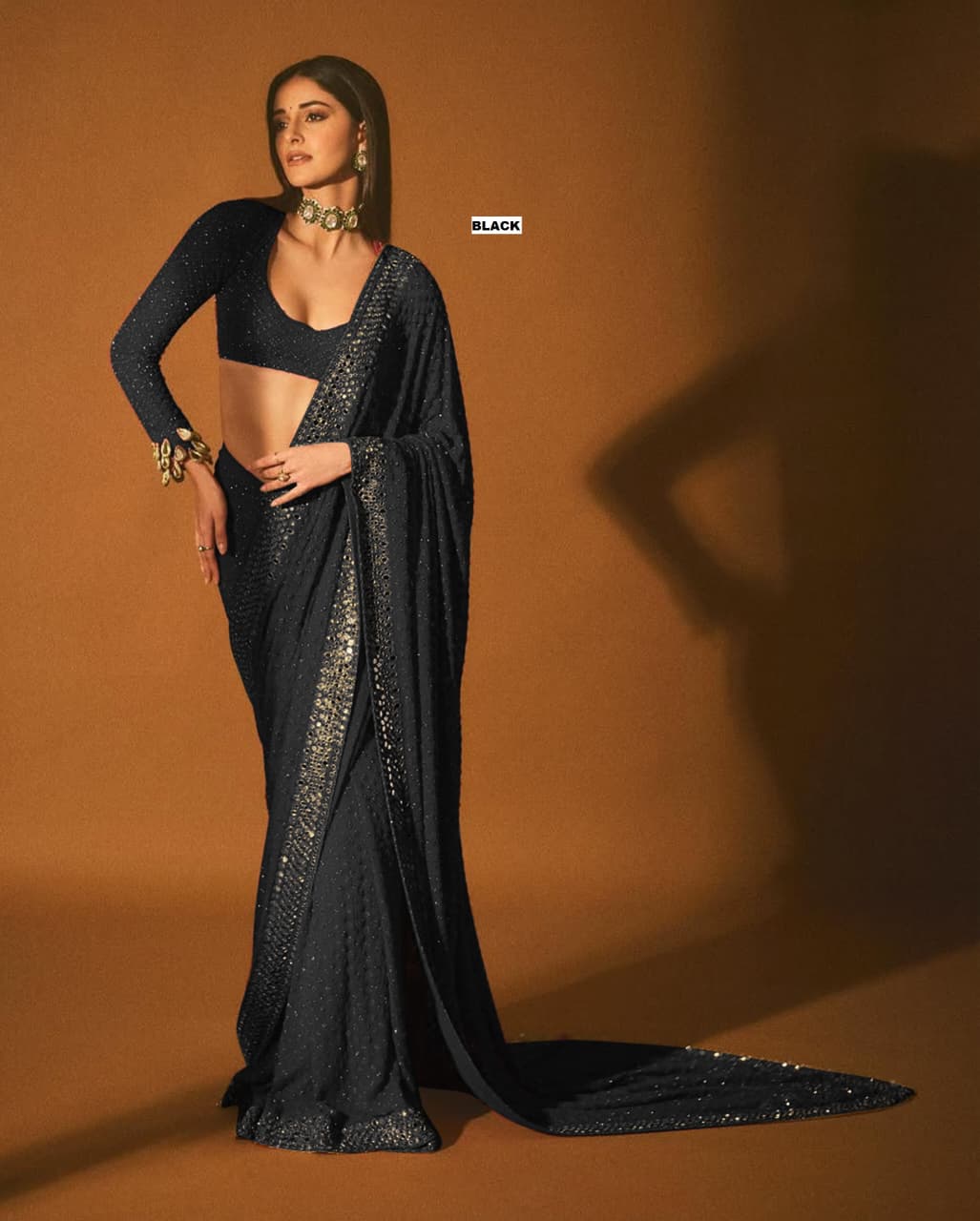 Ananya Pandey Bollywood Sequin Design Saree – Faux Georgette with Embroidery & Mirror Work (DF-3465)