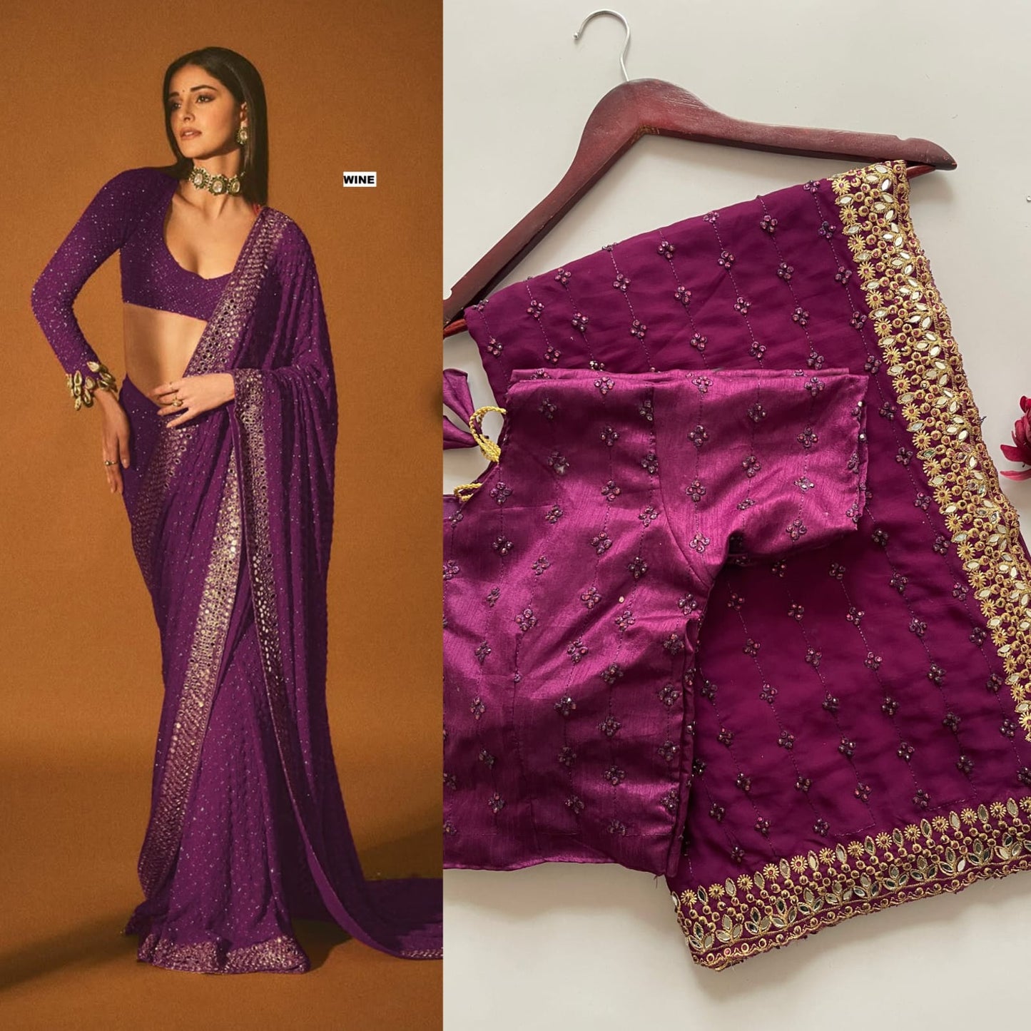 Ananya Pandey Bollywood Sequin Design Saree – Faux Georgette with Embroidery & Mirror Work (DF-3465)