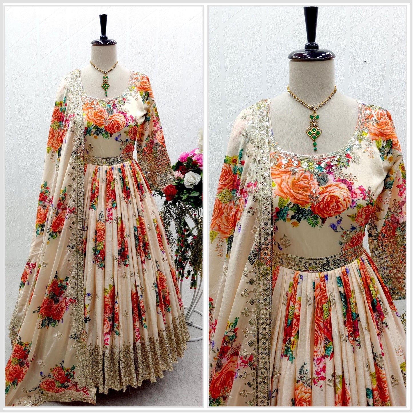 Heavy Pure Satin Silk Gown-Pant Dupatta Set – Fully Stitched & Ready to Wear (FD-8018)