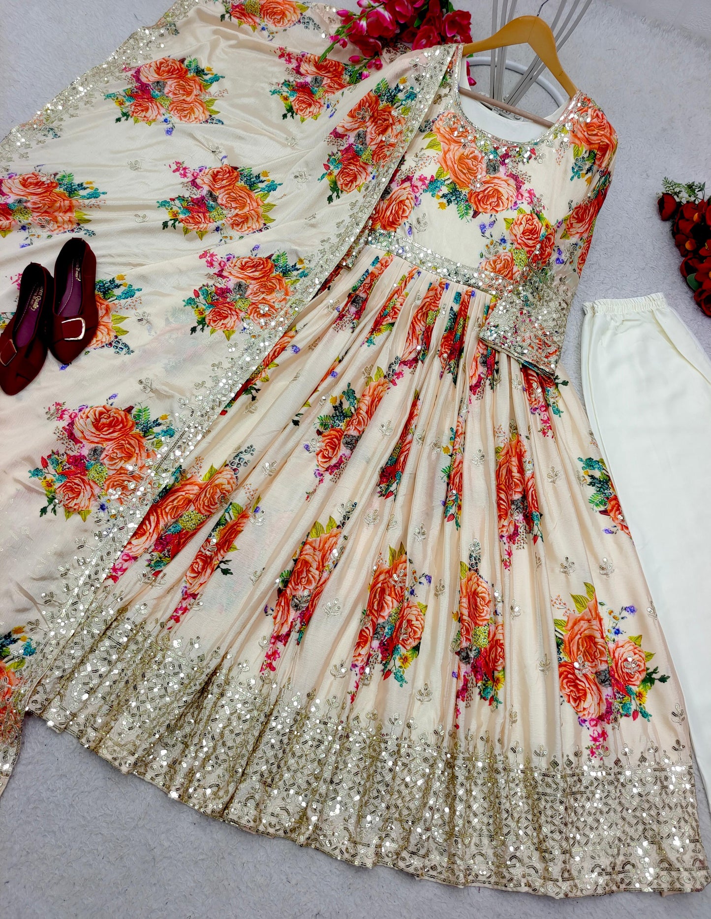 Heavy Pure Satin Silk Gown-Pant Dupatta Set – Fully Stitched & Ready to Wear (FD-8018)