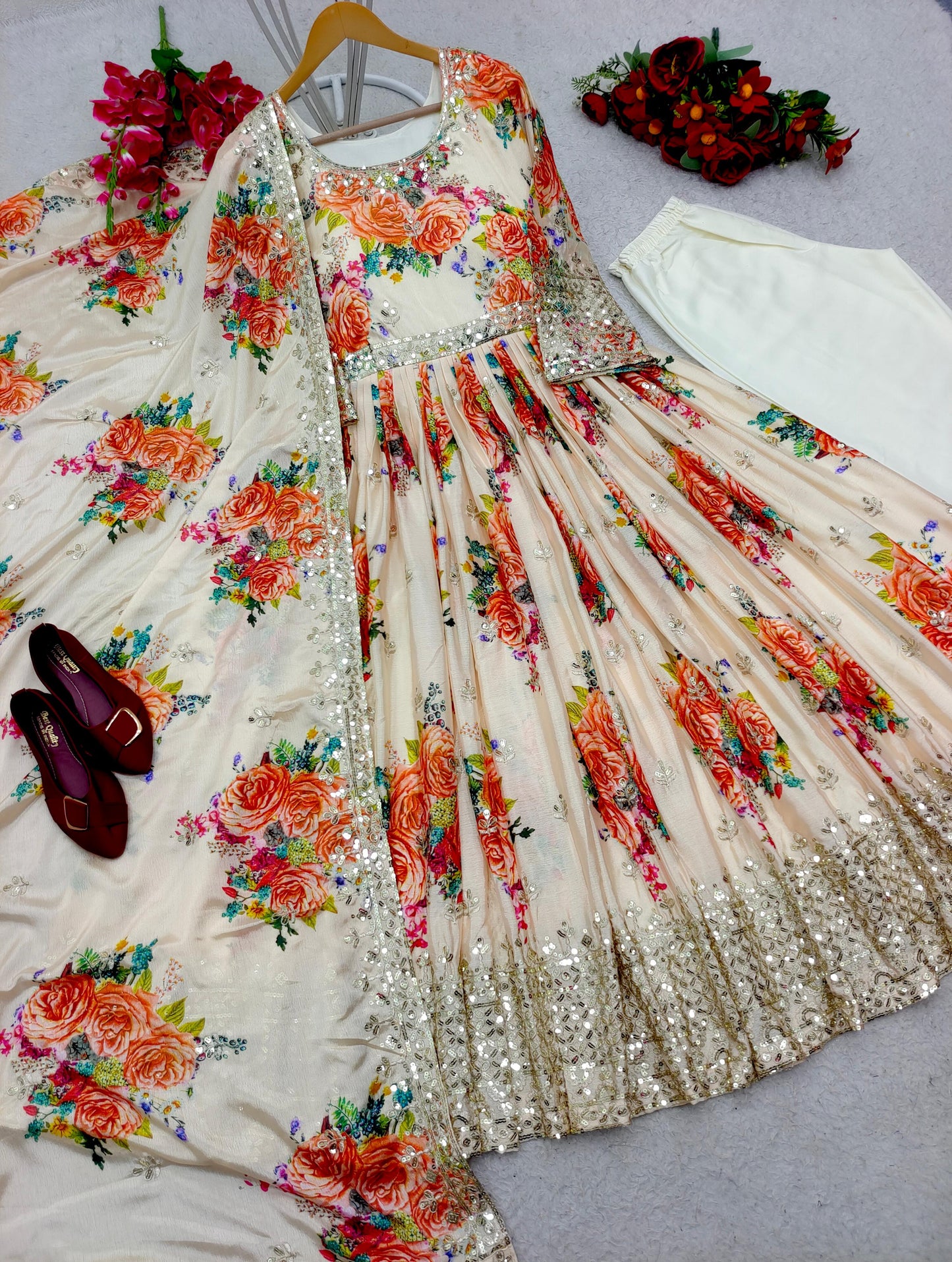 Heavy Pure Satin Silk Gown-Pant Dupatta Set – Fully Stitched & Ready to Wear (FD-8018)