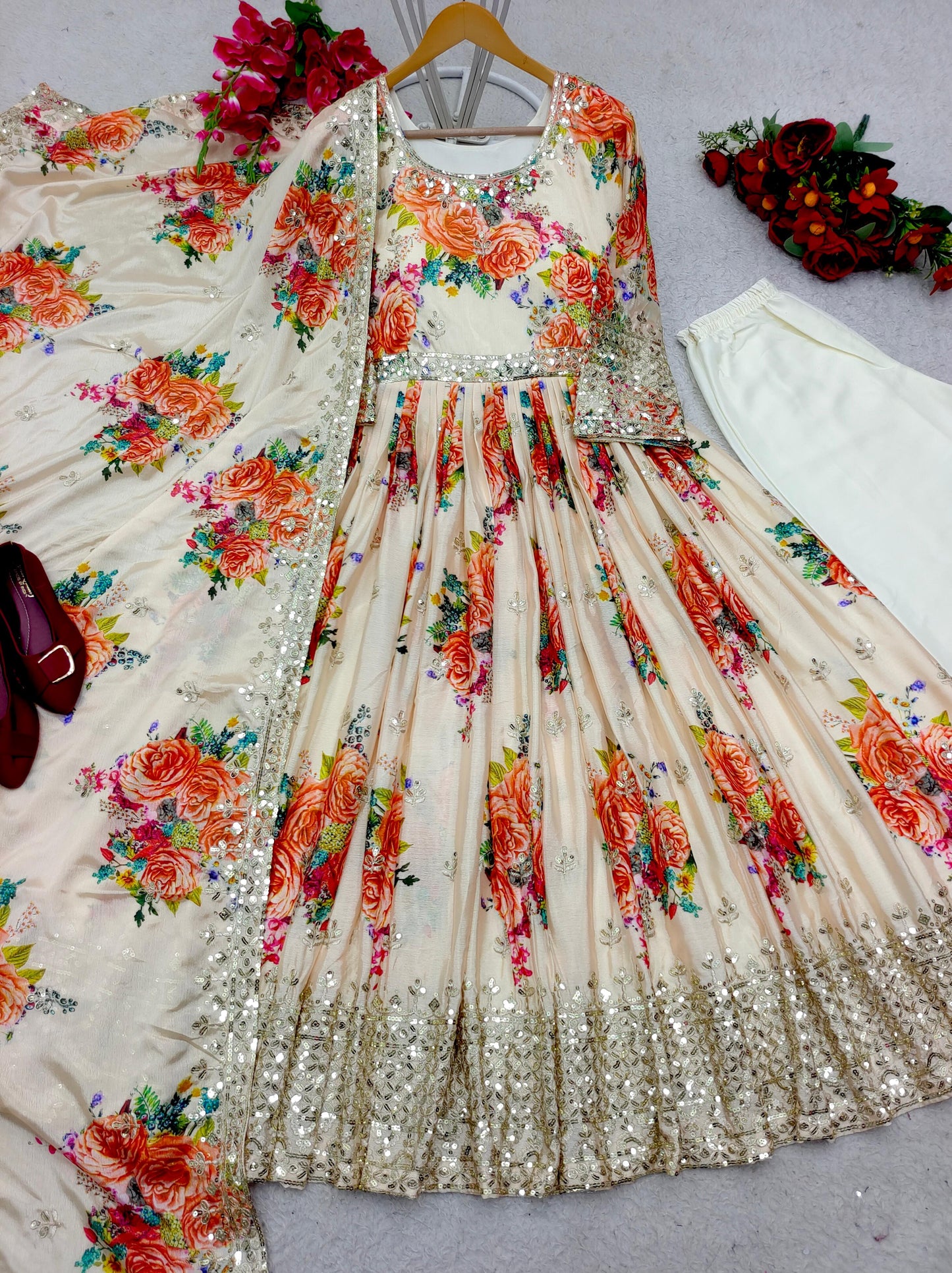 Heavy Pure Satin Silk Gown-Pant Dupatta Set – Fully Stitched & Ready to Wear (FD-8018)