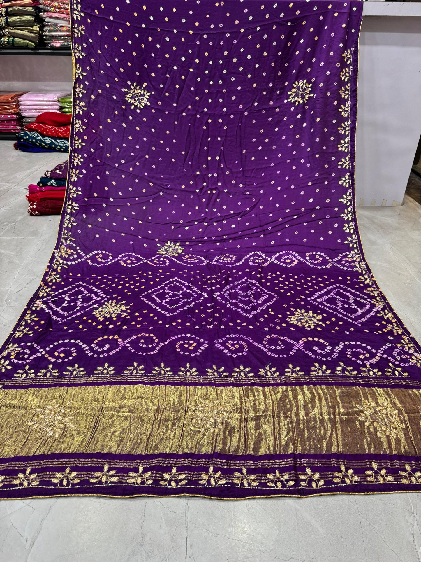 Gaji Silk Original Bandhani Saree with Gota Patti Hand Work
