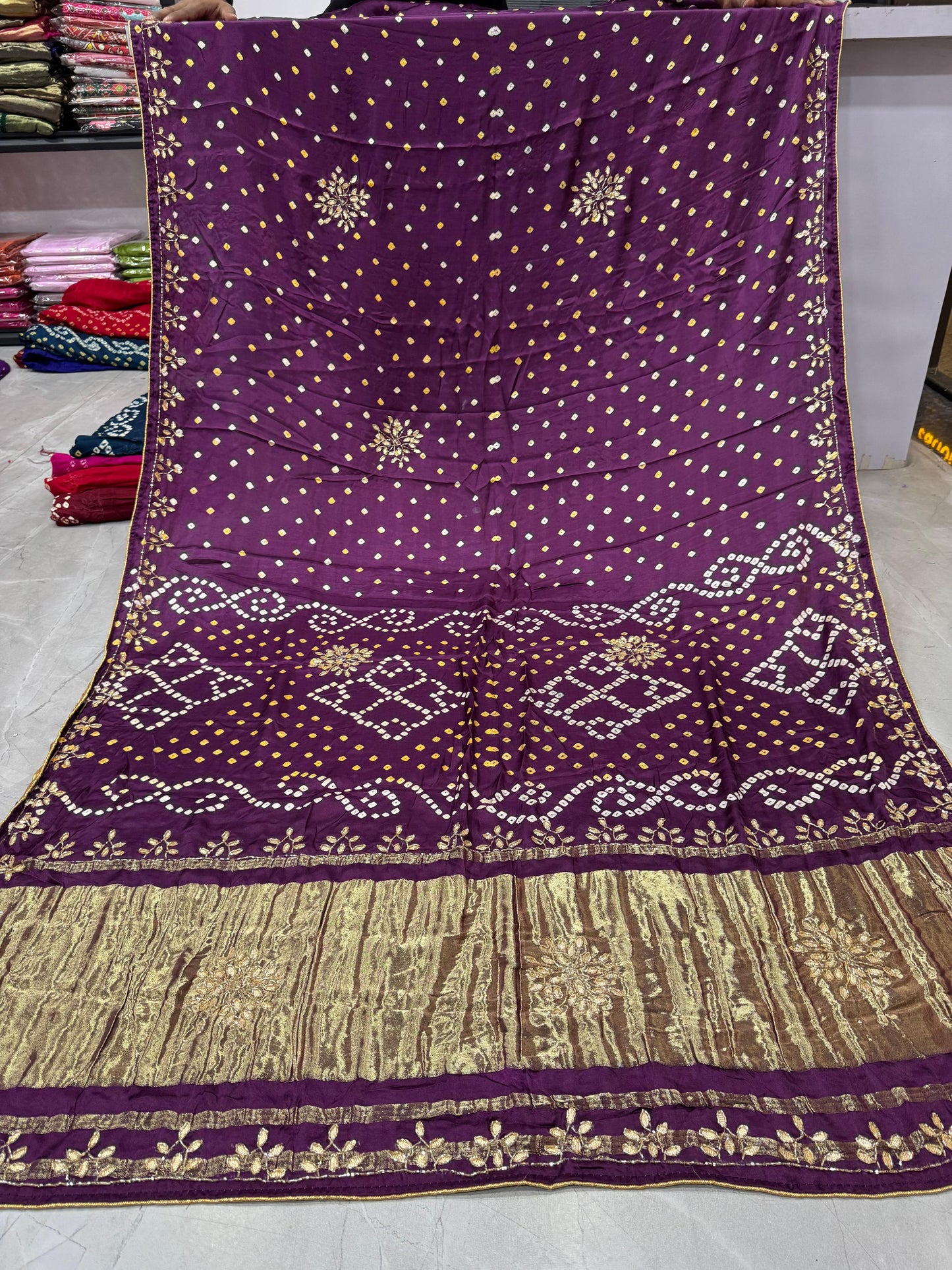 Gaji Silk Original Bandhani Saree with Gota Patti Hand Work
