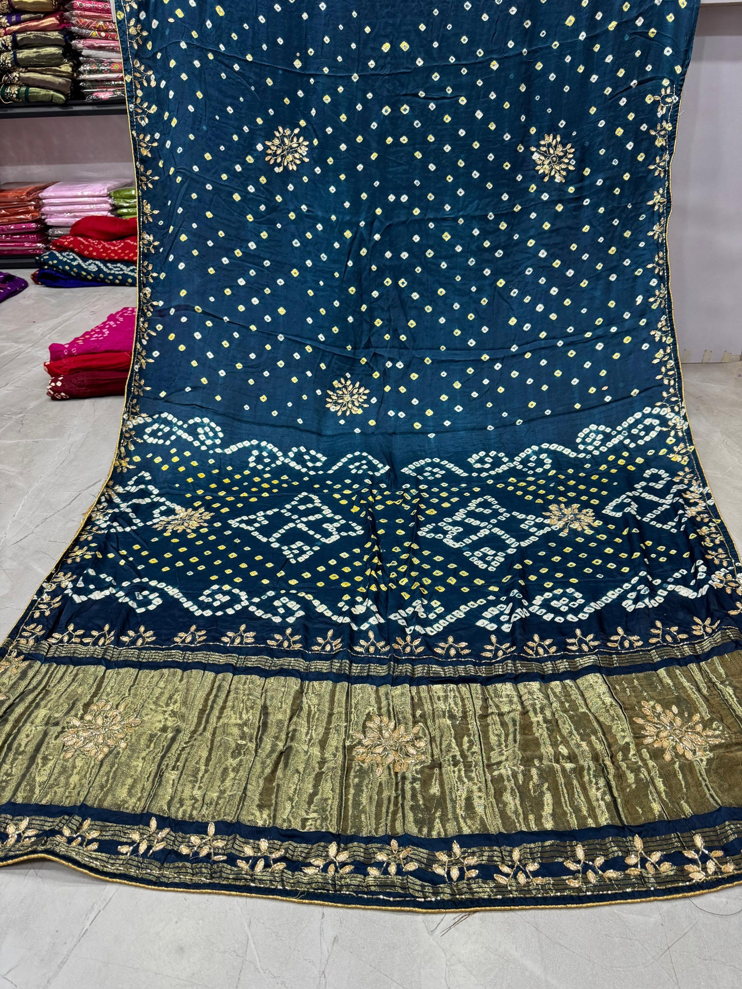 Gaji Silk Original Bandhani Saree with Gota Patti Hand Work