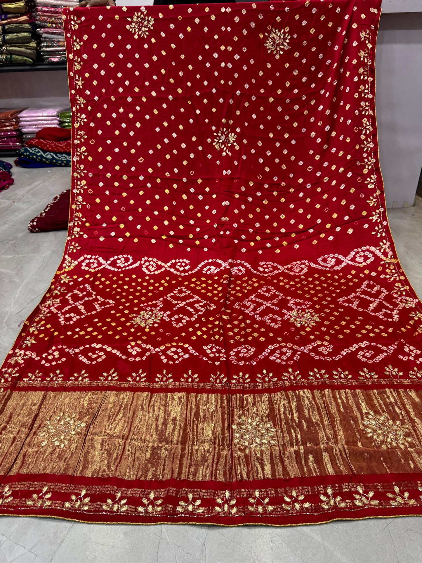 Gaji Silk Original Bandhani Saree with Gota Patti Hand Work