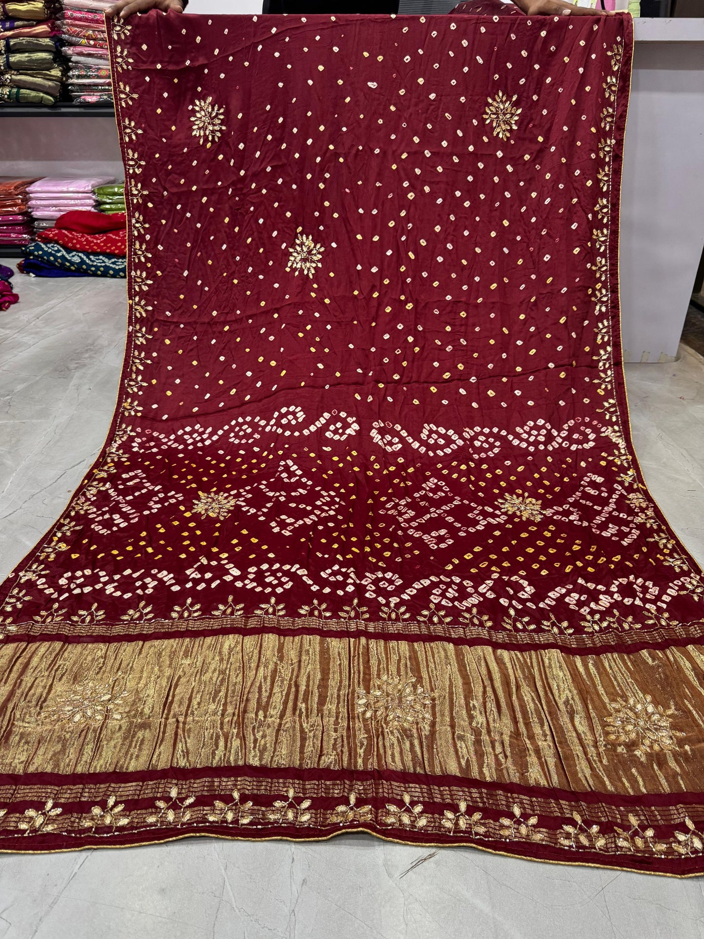 Gaji Silk Original Bandhani Saree with Gota Patti Hand Work