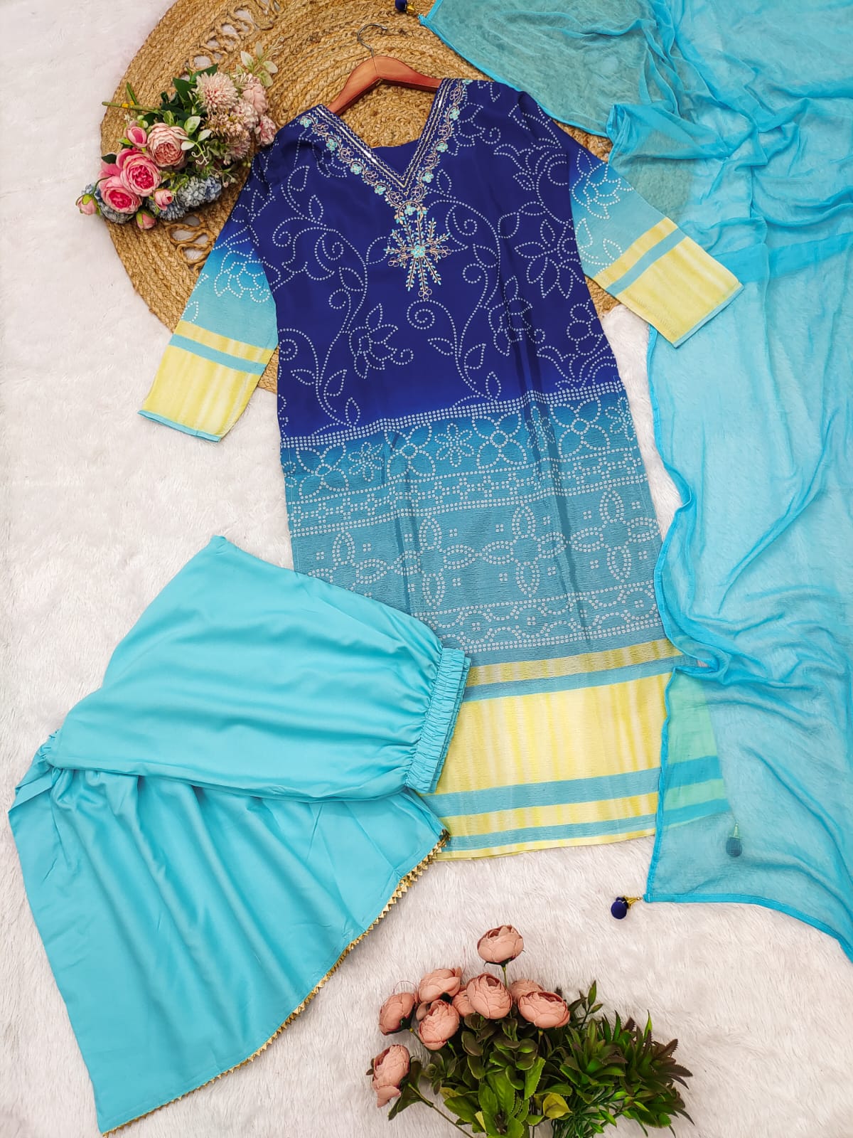 Exclusive Gradient Kurti Palazzo Dupatta Sets