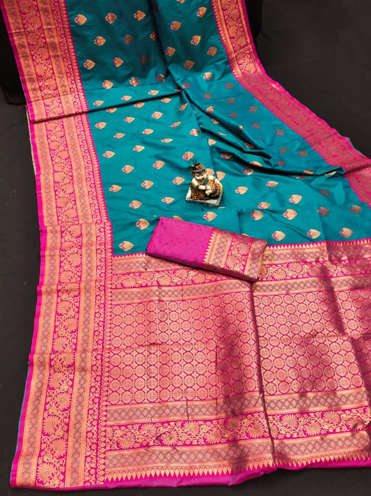 BANARASI SOFT SILK, Contrast Jacquard Border with meena with New Trend BANARASI SILK SAREE