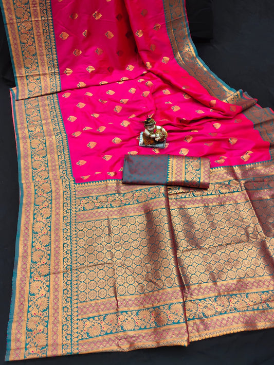 BANARASI SOFT SILK, Contrast Jacquard Border with meena with New Trend BANARASI SILK SAREE