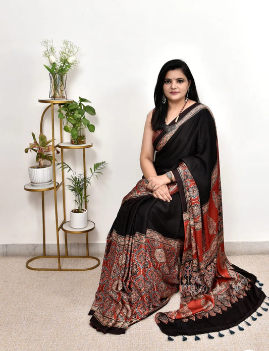 New Arrival – Premium Ajrakh Satin Silk Saree with Blouse