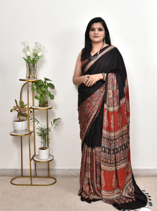 New Arrival – Premium Ajrakh Satin Silk Saree with Blouse