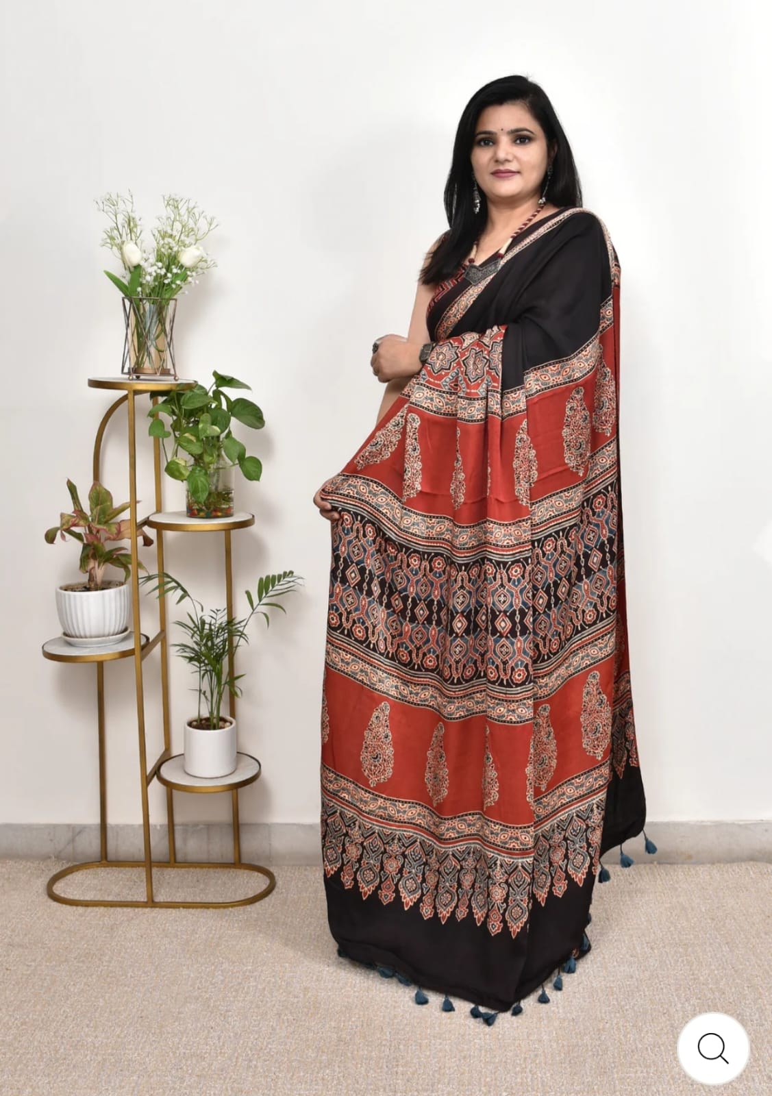 New Arrival – Premium Ajrakh Satin Silk Saree with Blouse