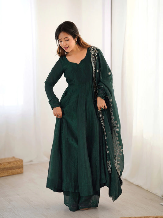 Bottle Green Embroidered Vichitra Suit – Kurta, Pant & Dupatta Set