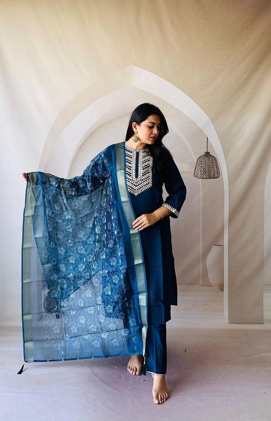 Super Hit Kurti Set – Roman Silk with Gota Patti Work & Chanderi Digital Print Dupatta