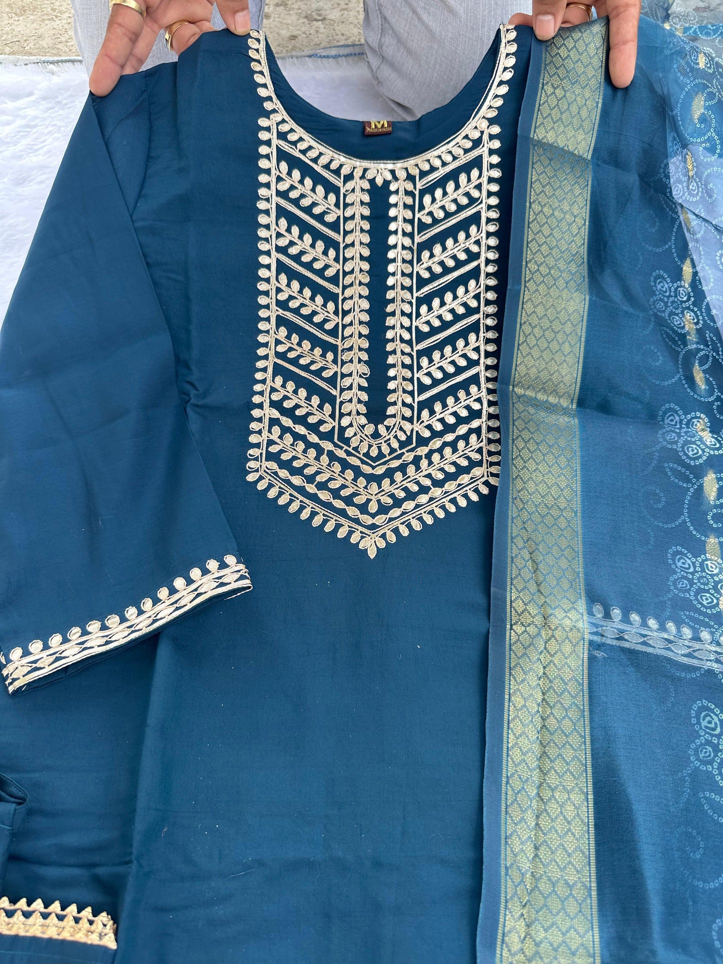 Super Hit Kurti Set – Roman Silk with Gota Patti Work & Chanderi Digital Print Dupatta