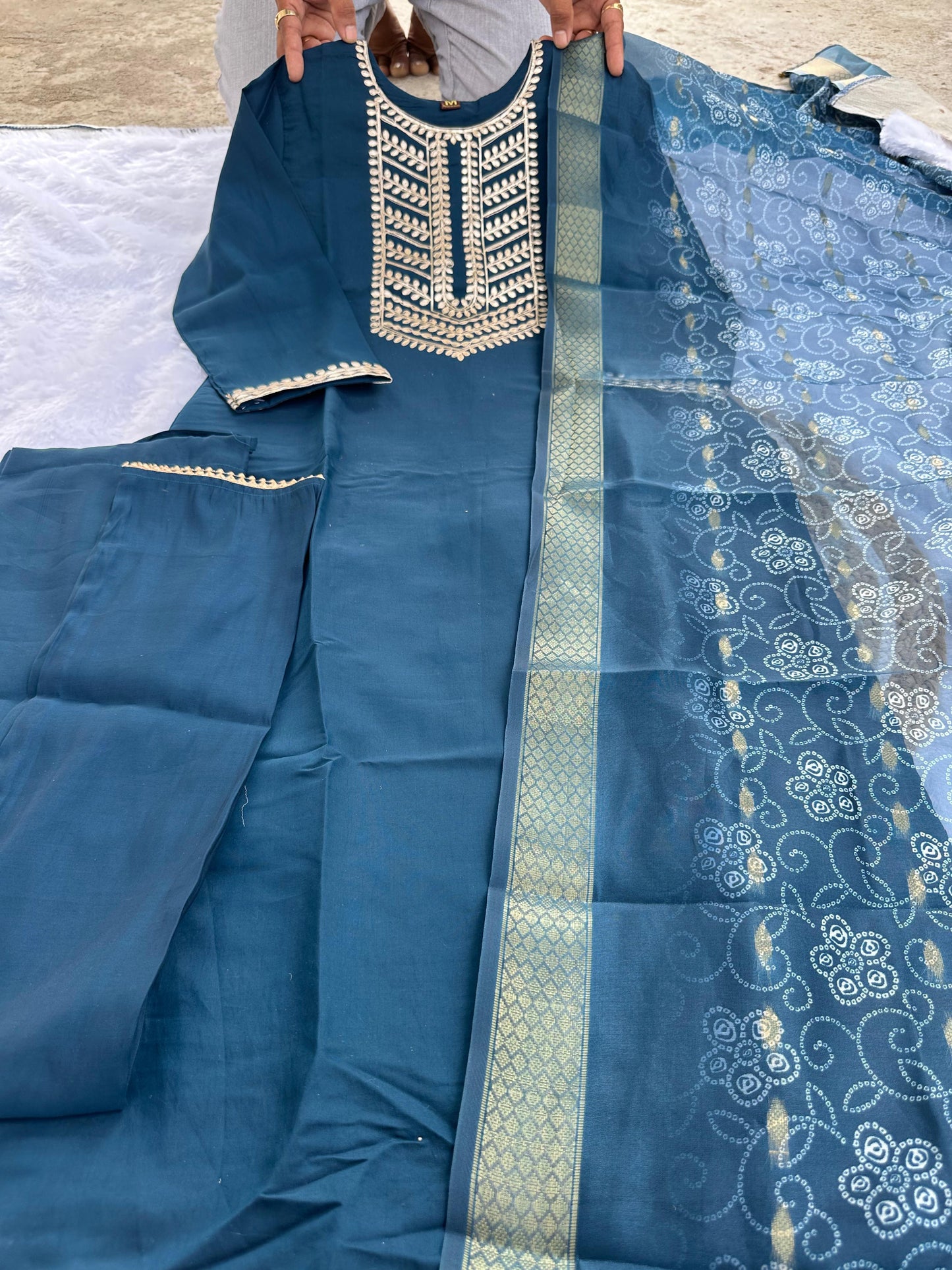 Super Hit Kurti Set – Roman Silk with Gota Patti Work & Chanderi Digital Print Dupatta