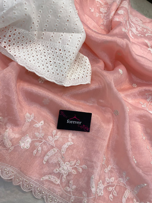 New Arrival – Pure Khadi Organza Saree with Embroidery & Chikan Blouse