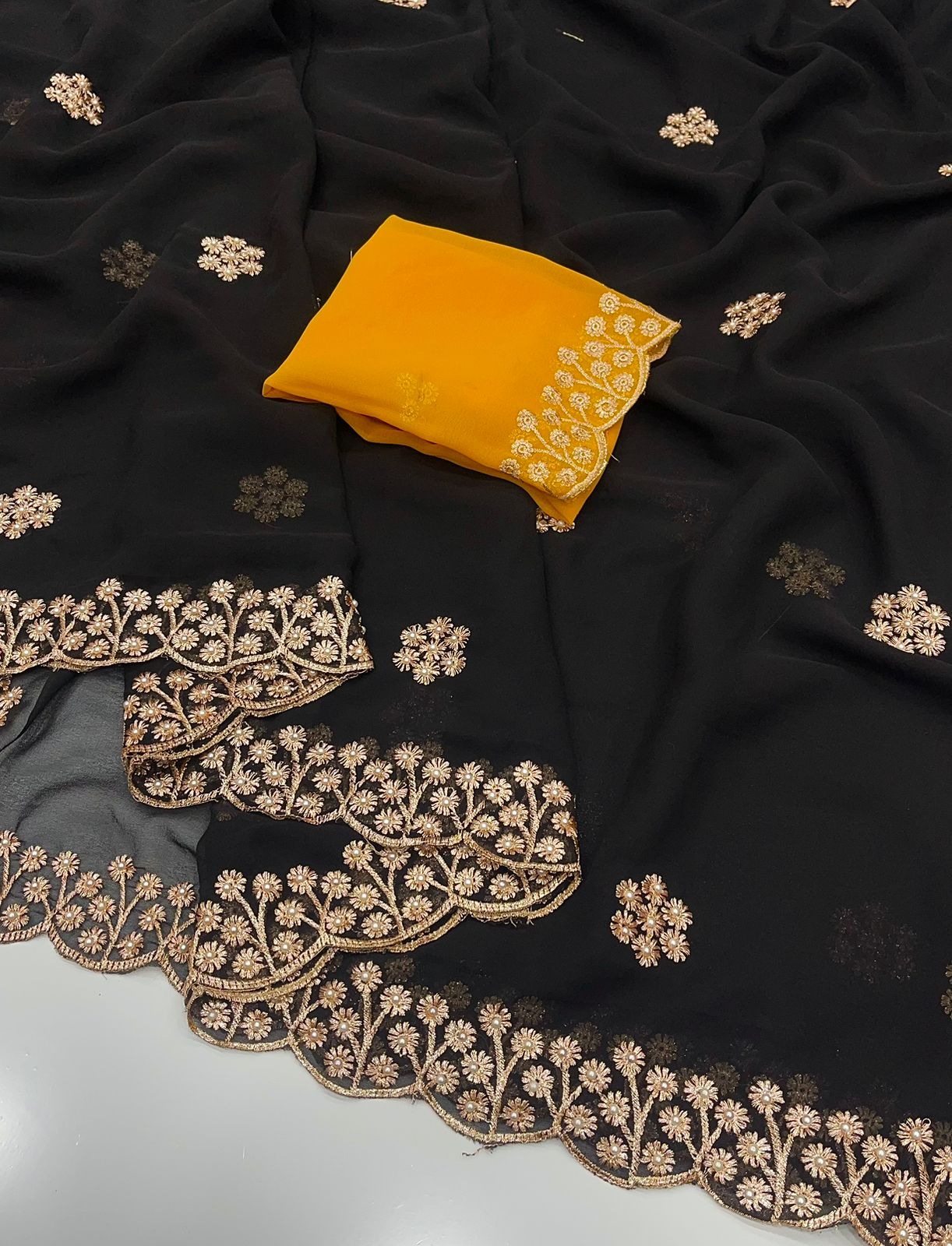New Arrival – Georgette Saree with Gold Zari Embroidery & Contrast Blouse