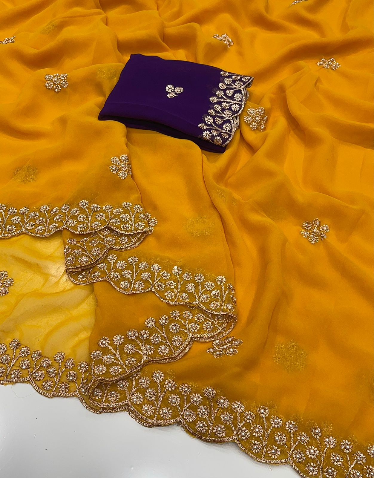 New Arrival – Georgette Saree with Gold Zari Embroidery & Contrast Blouse