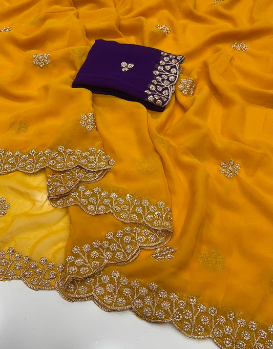 New Arrival – Georgette Saree with Gold Zari Embroidery & Contrast Blouse