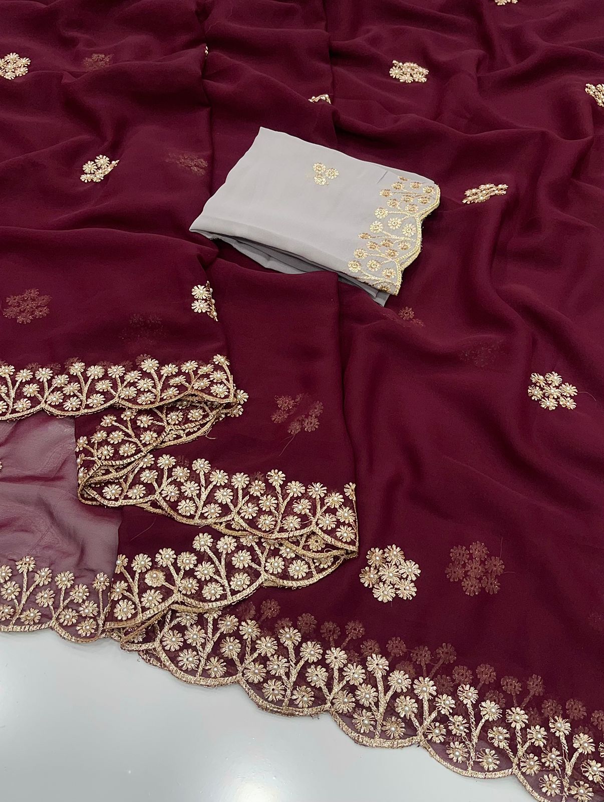 New Arrival – Georgette Saree with Gold Zari Embroidery & Contrast Blouse