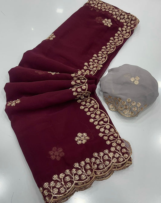 New Arrival – Georgette Saree with Gold Zari Embroidery & Contrast Blouse