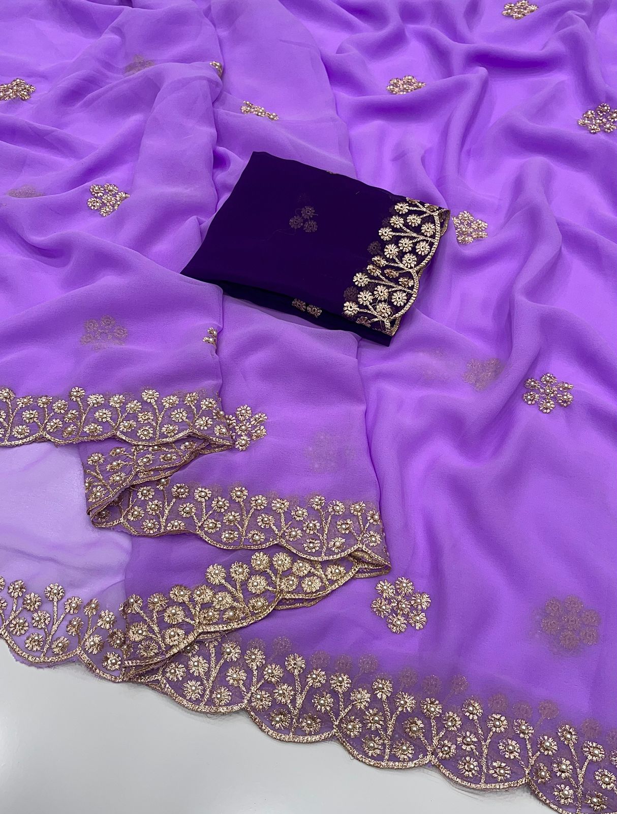 New Arrival – Georgette Saree with Gold Zari Embroidery & Contrast Blouse