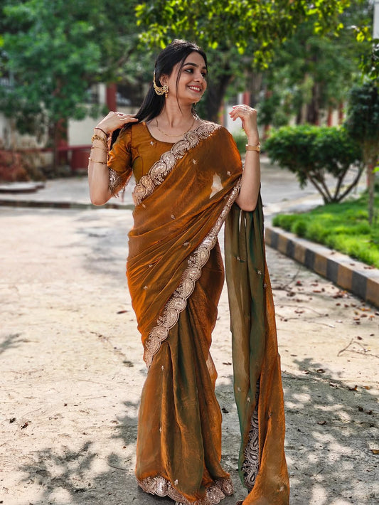 House of ShiVisha Shaded Fendy Chiffon Saree – Multi Embroidery Sequins Work with Matching Blouse