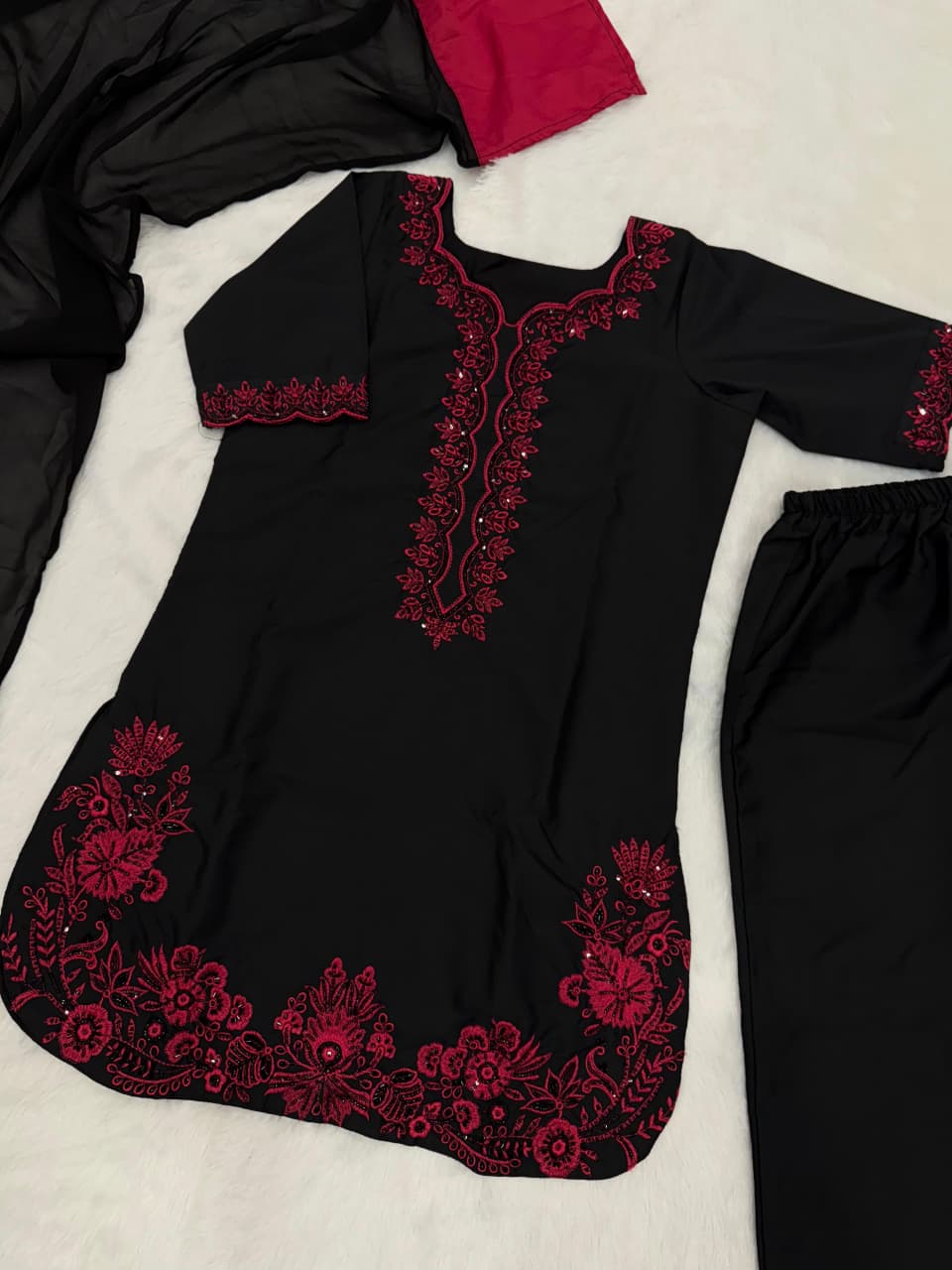 HOS SCnx 1175 French Crepe Suit Set – Beads & Sequence Handwork Kurta with Plazo & Georgette Dupatta