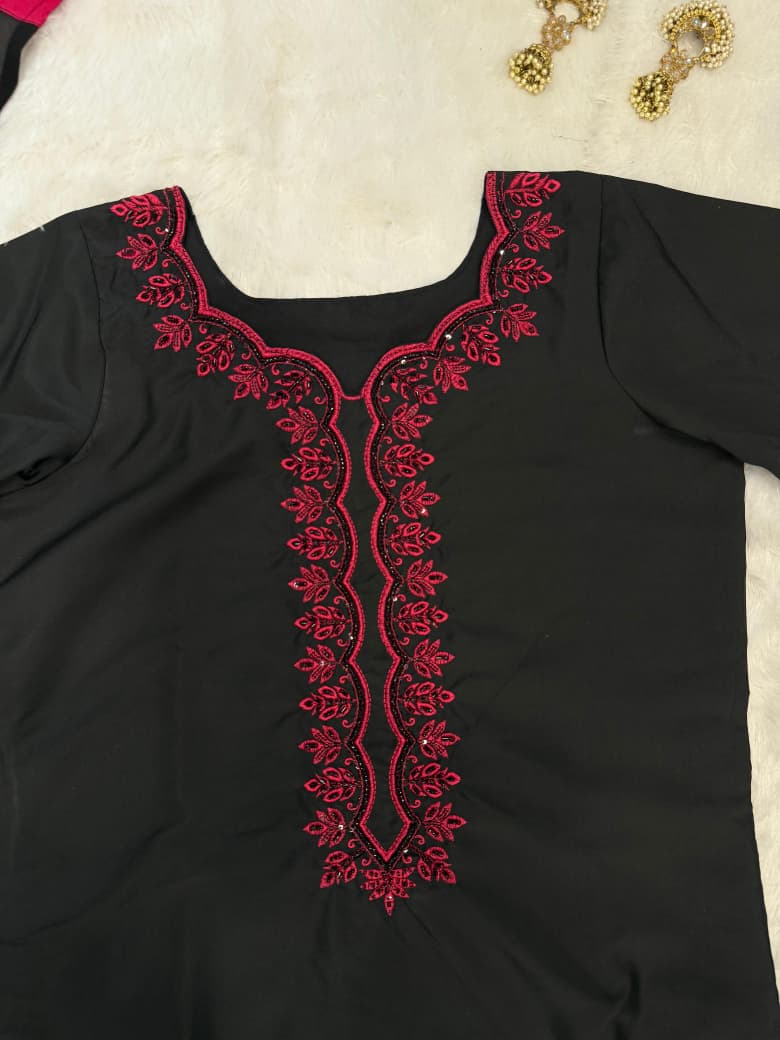 HOS SCnx 1175 French Crepe Suit Set – Beads & Sequence Handwork Kurta with Plazo & Georgette Dupatta