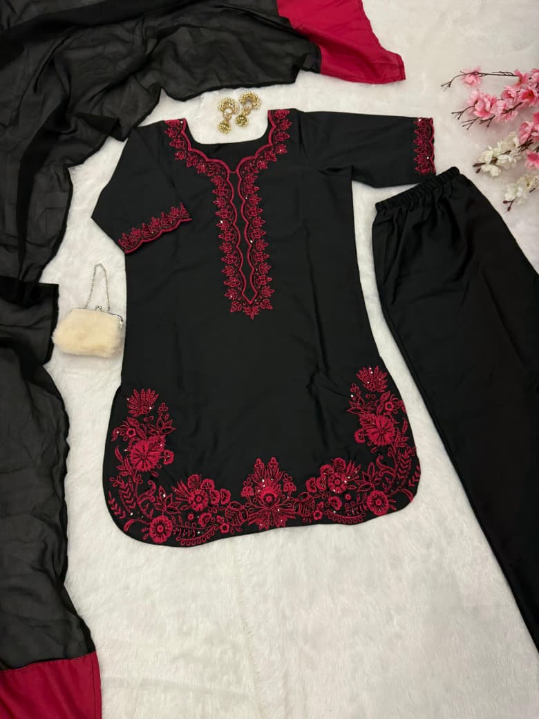 HOS SCnx 1175 French Crepe Suit Set – Beads & Sequence Handwork Kurta with Plazo & Georgette Dupatta