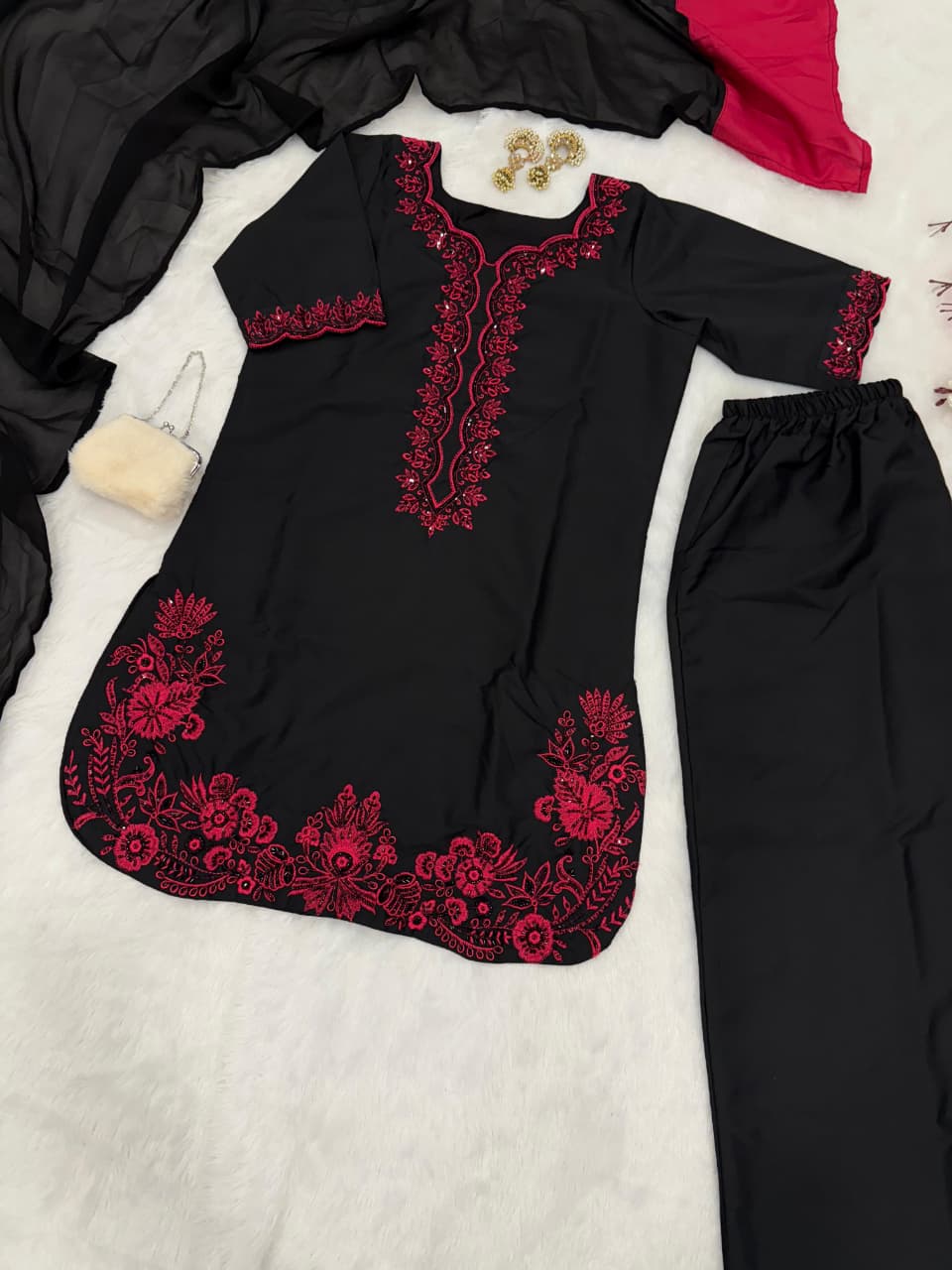 HOS SCnx 1175 French Crepe Suit Set – Beads & Sequence Handwork Kurta with Plazo & Georgette Dupatta