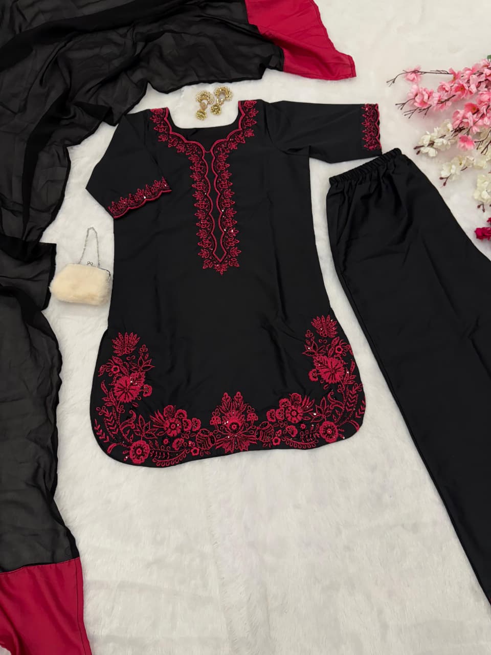 HOS SCnx 1175 French Crepe Suit Set – Beads & Sequence Handwork Kurta with Plazo & Georgette Dupatta