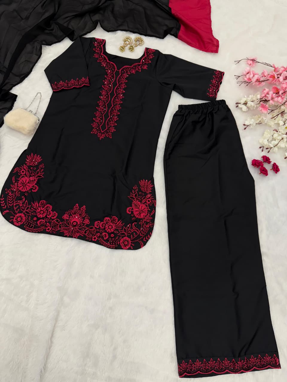 HOS SCnx 1175 French Crepe Suit Set – Beads & Sequence Handwork Kurta with Plazo & Georgette Dupatta