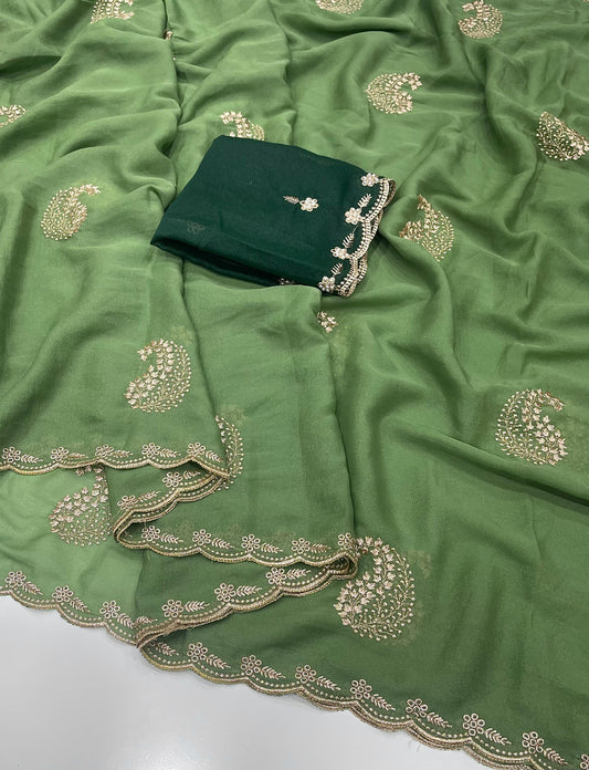 House of ShiVisha Star Georgette Saree – All Over Embroidery Work with Moti Blouse