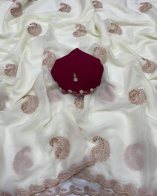 House of ShiVisha Star Georgette Saree – All Over Embroidery Work with Moti Blouse