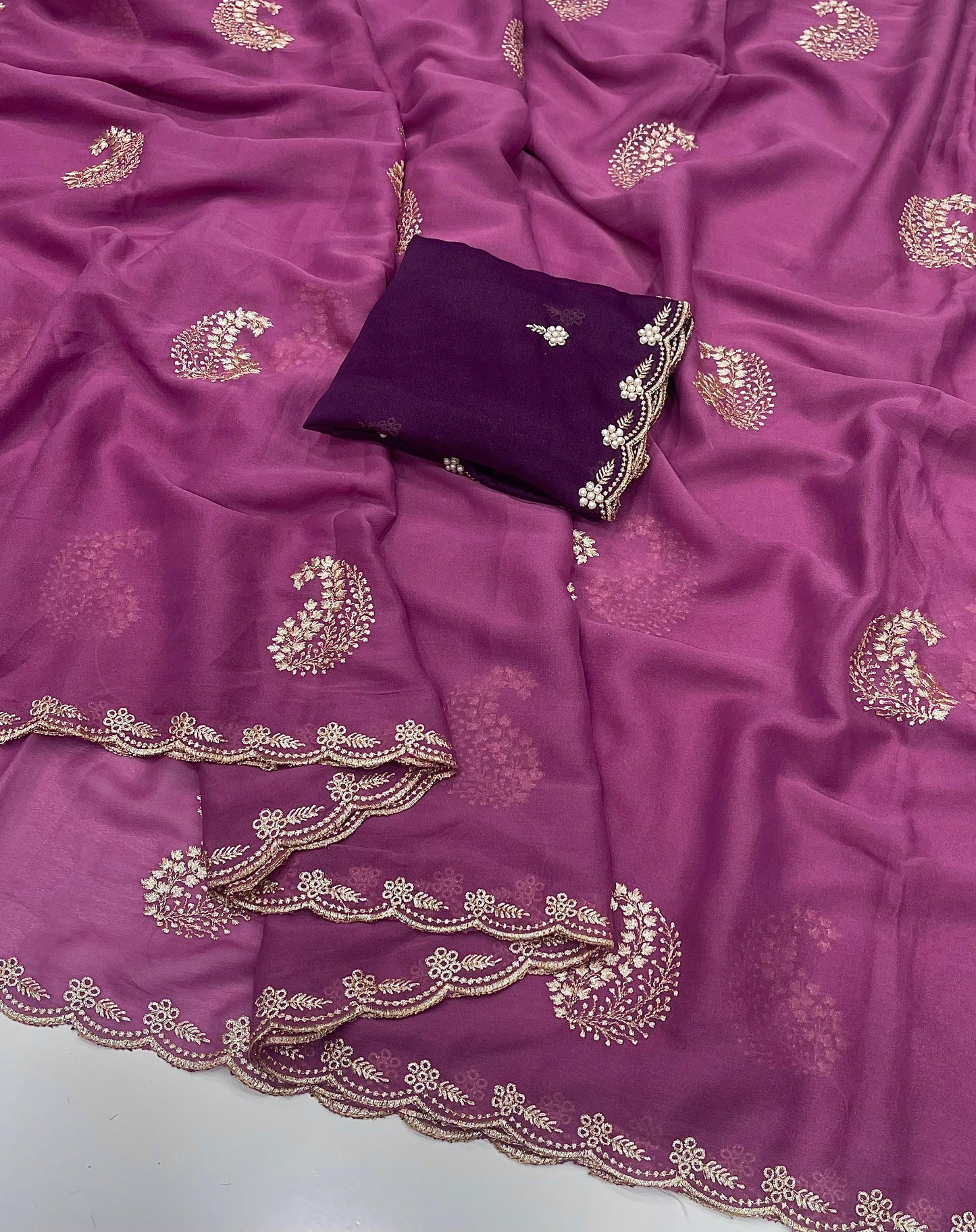 House of ShiVisha Star Georgette Saree – All Over Embroidery Work with Moti Blouse