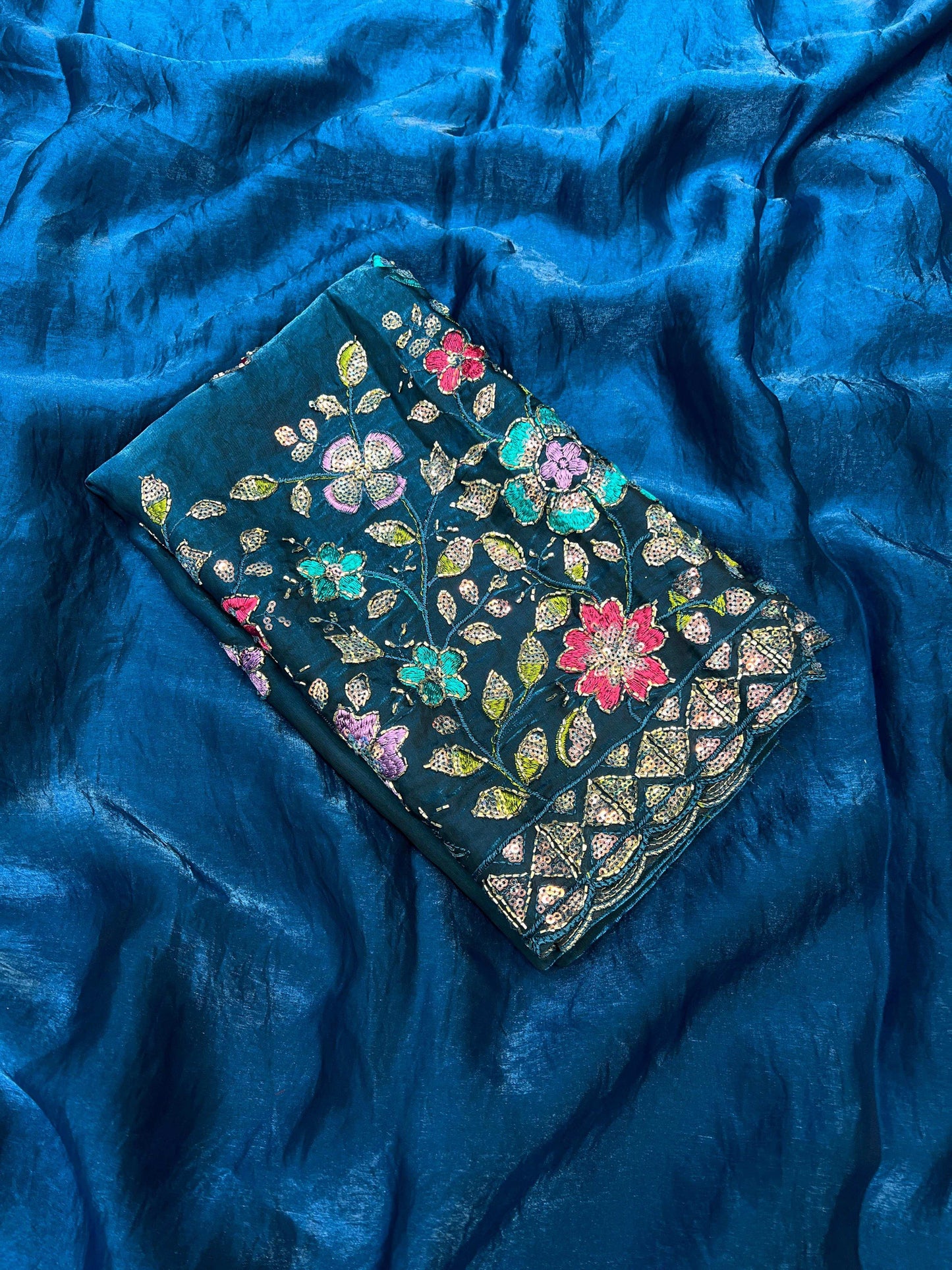 HOS Space Fendy Satin Saree – Elegant Satin Drape with Running Magam Work Blouse - House Of ShiVisha