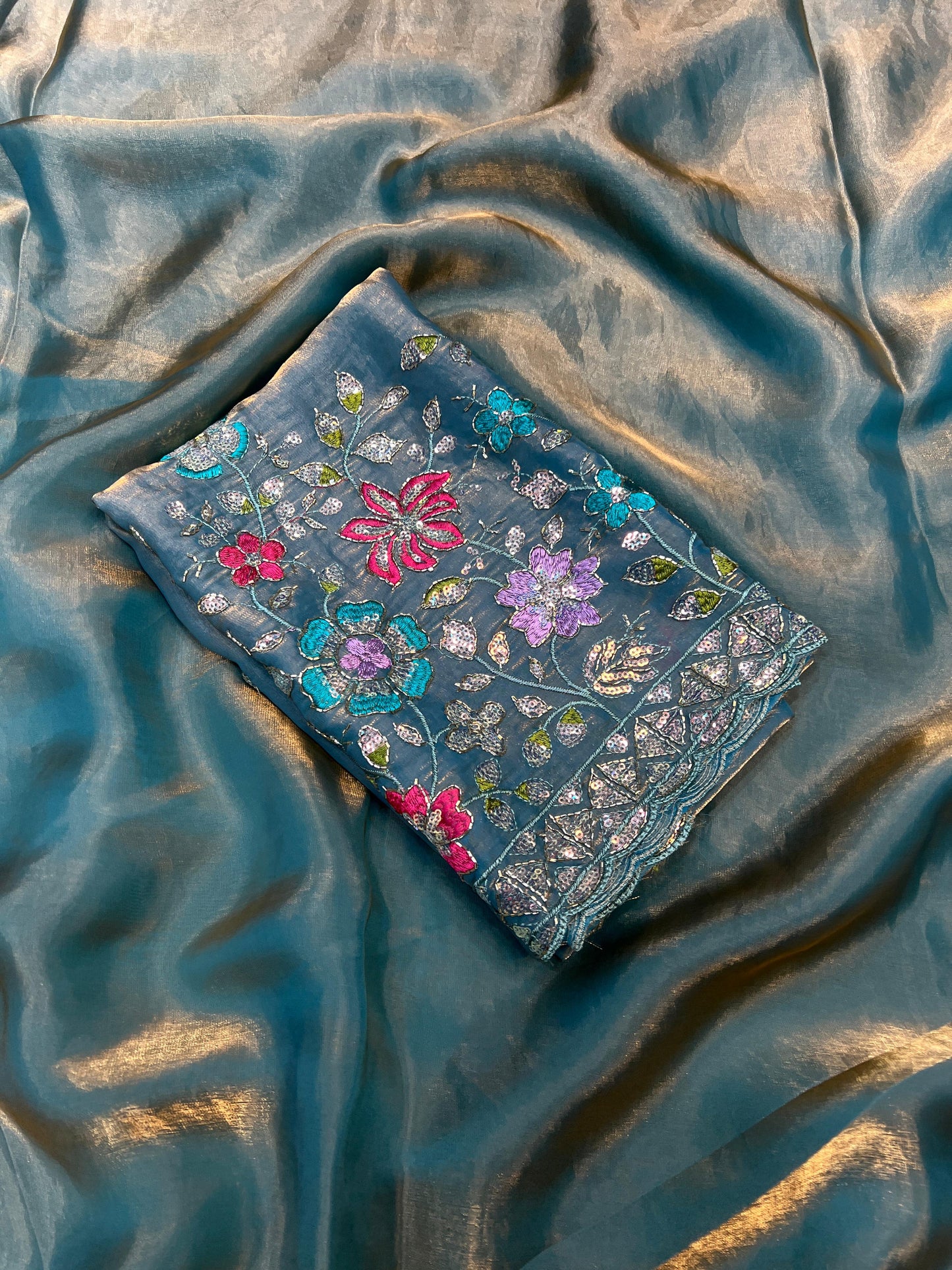 HOS Space Fendy Satin Saree – Elegant Satin Drape with Running Magam Work Blouse