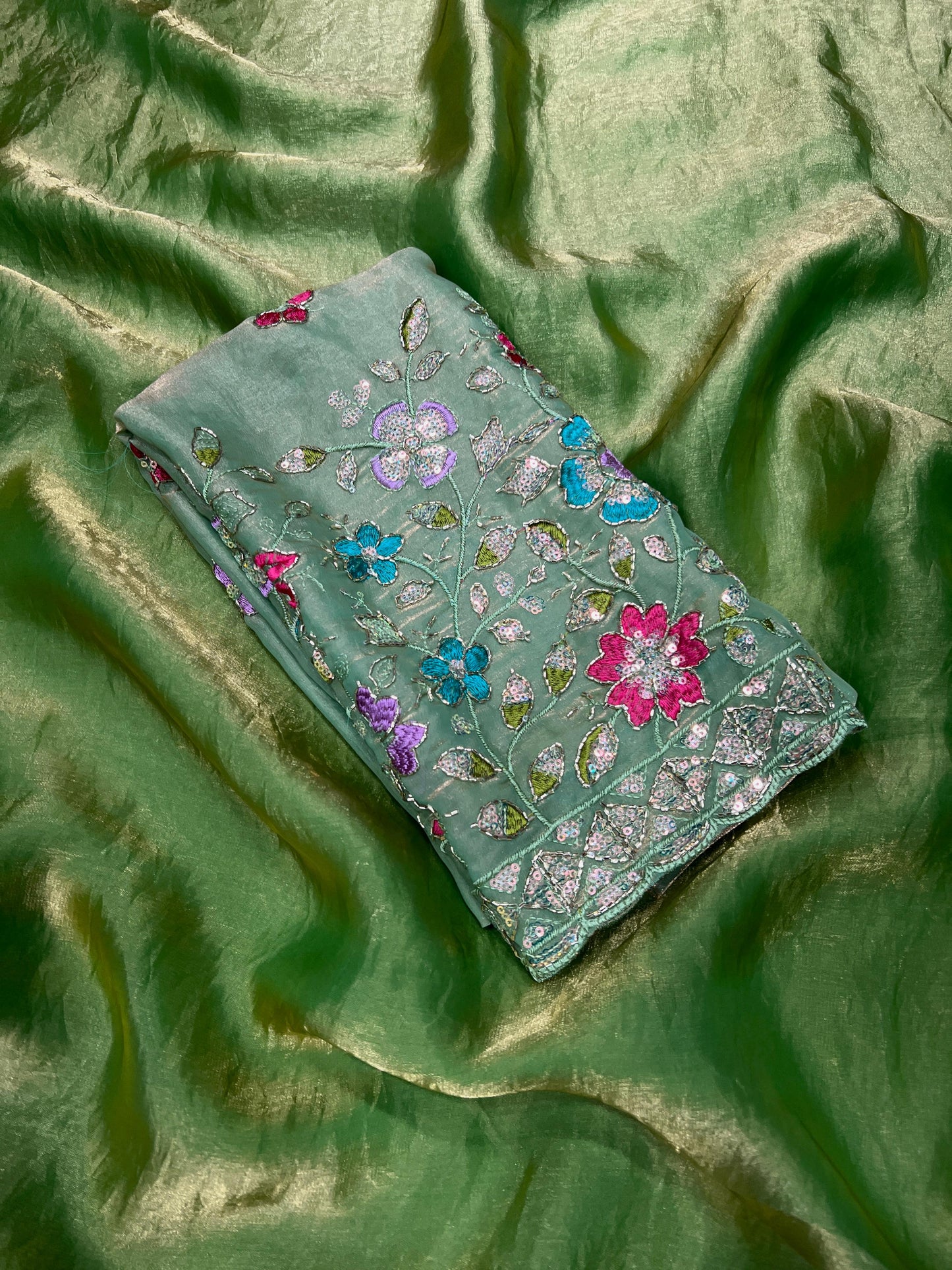 HOS Space Fendy Satin Saree – Elegant Satin Drape with Running Magam Work Blouse