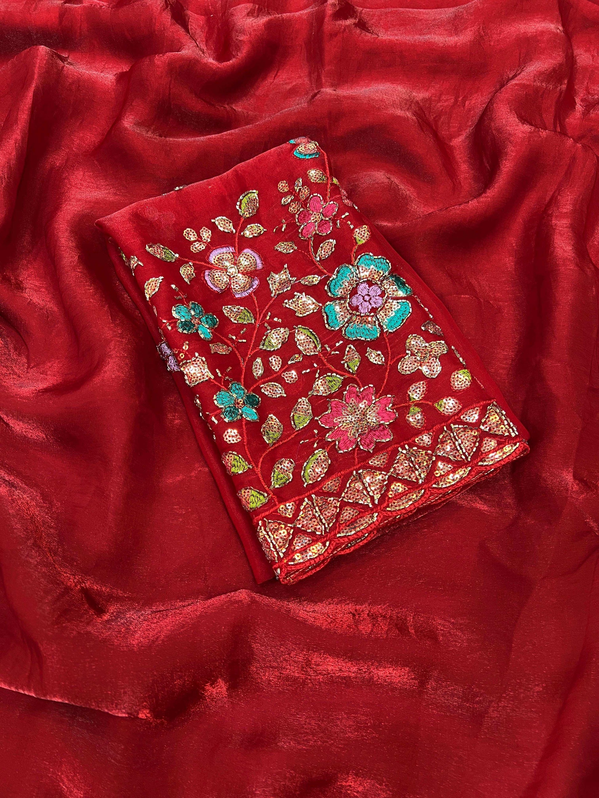 HOS Space Fendy Satin Saree – Elegant Satin Drape with Running Magam Work Blouse - House Of ShiVisha