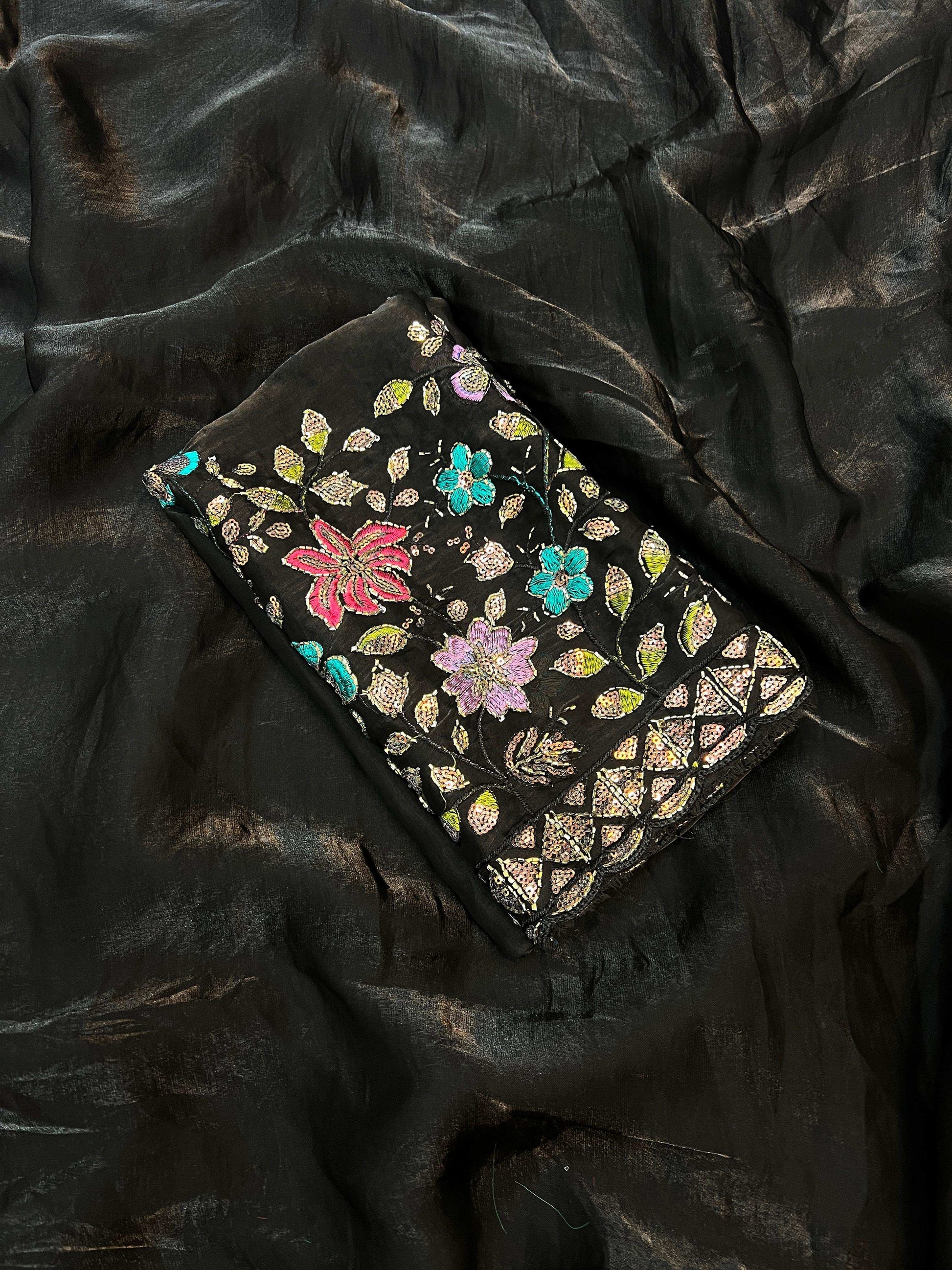 HOS Space Fendy Satin Saree – Elegant Satin Drape with Running Magam Work Blouse - House Of ShiVisha