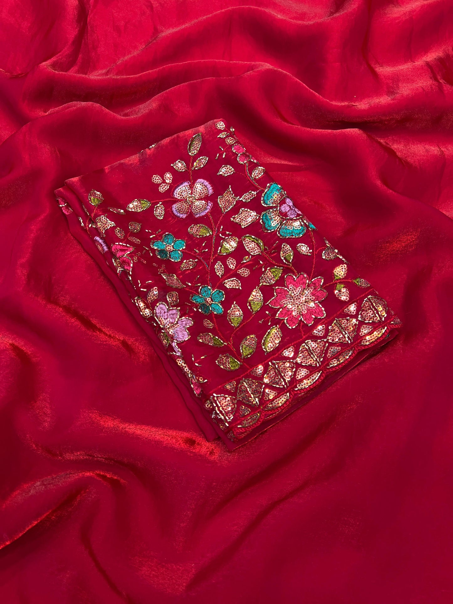 HOS Space Fendy Satin Saree – Elegant Satin Drape with Running Magam Work Blouse