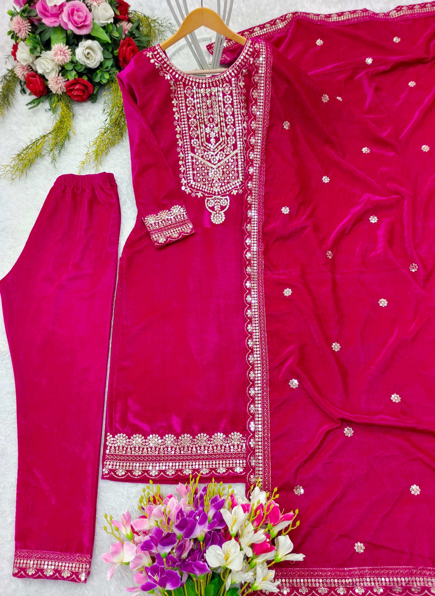 HOS FD-101 Velvet Suit Set – Embroidered Top, Pant & Dupatta (Ready to Wear) - House Of ShiVisha