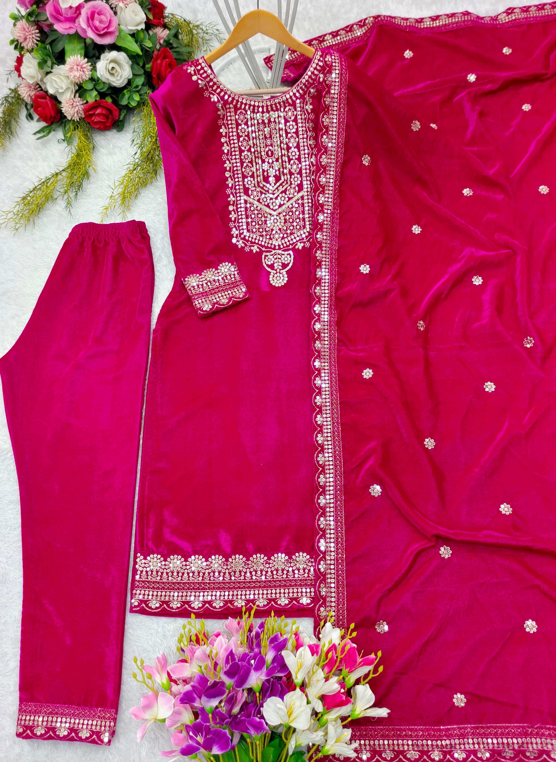HOS FD-101 Velvet Suit Set – Embroidered Top, Pant & Dupatta (Ready to Wear) - House Of ShiVisha