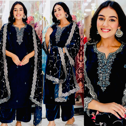 HOS WW-1140 Velvet Embroidered Suit Set – Sequins Work with Dupatta & Ready-to-Wear Stitched Pants