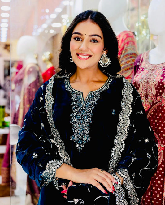 HOS WW-1140 Velvet Embroidered Suit Set – Sequins Work with Dupatta & Ready-to-Wear Stitched Pants