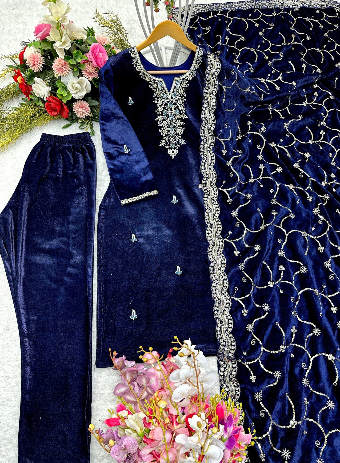 HOS WW-1140 Velvet Embroidered Suit Set – Sequins Work with Dupatta & Ready-to-Wear Stitched Pants - House Of ShiVisha